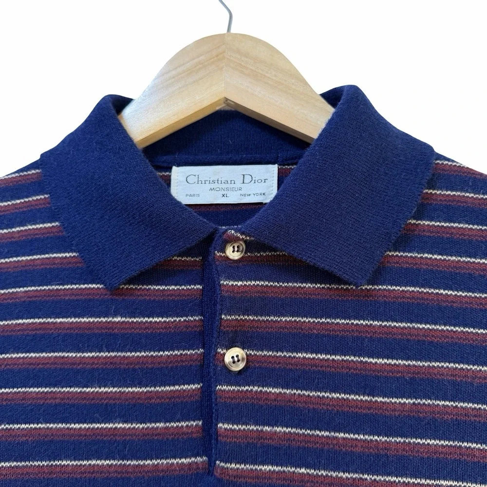 VTG Christian Dior Mens‎ Stripe Polo Sweater Size XL Navy Preppy Ivy League Luxe